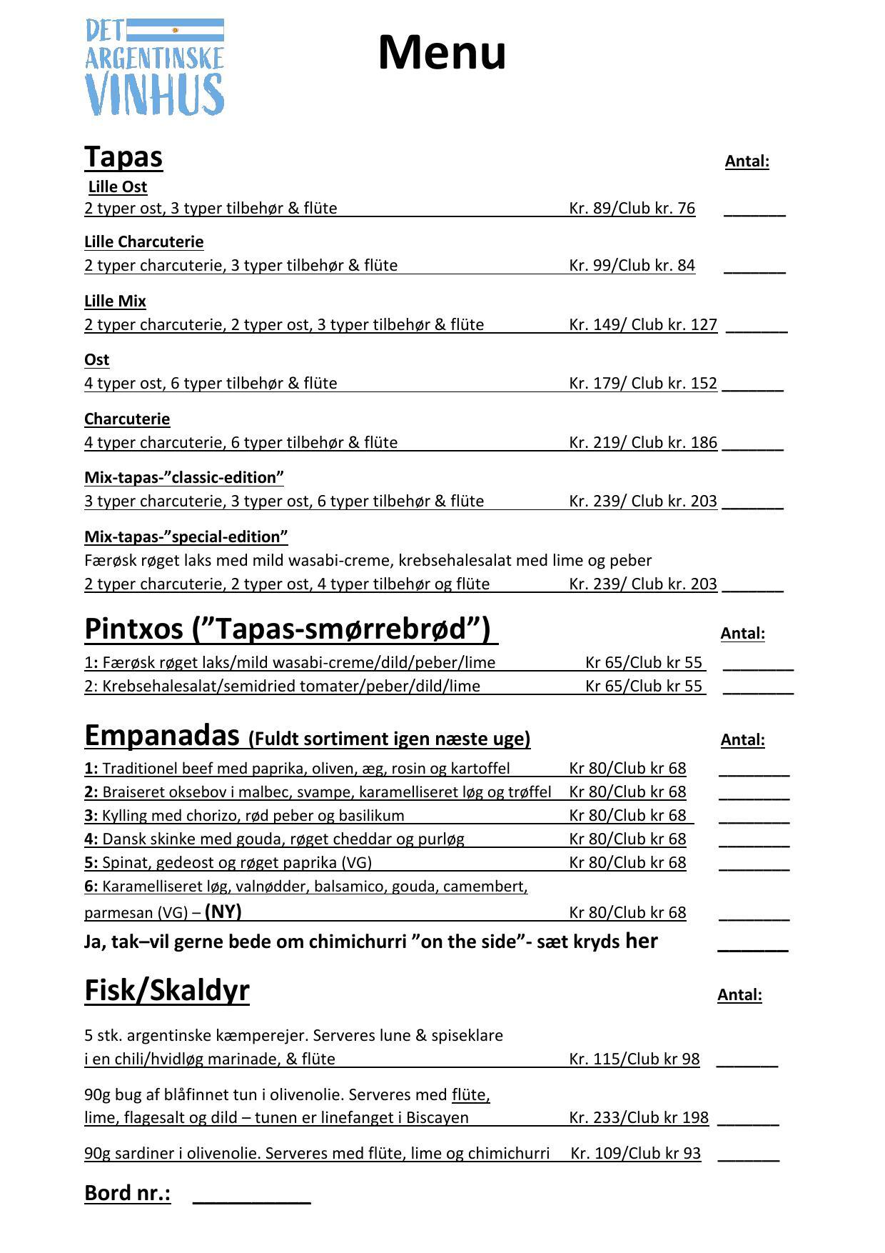 Tapas Menukort Oktober Tapas Menukort Oktober